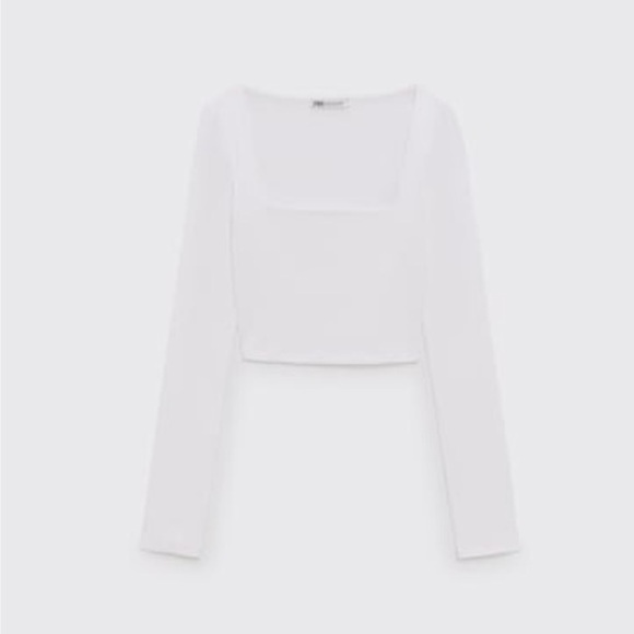 Zara White Long Sleeve Square Neck Top Ribbed Size Small - Picture 3 of 6